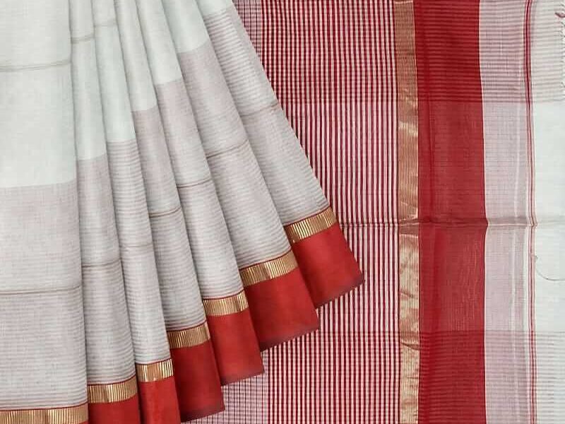 cotton by silk white and red saree