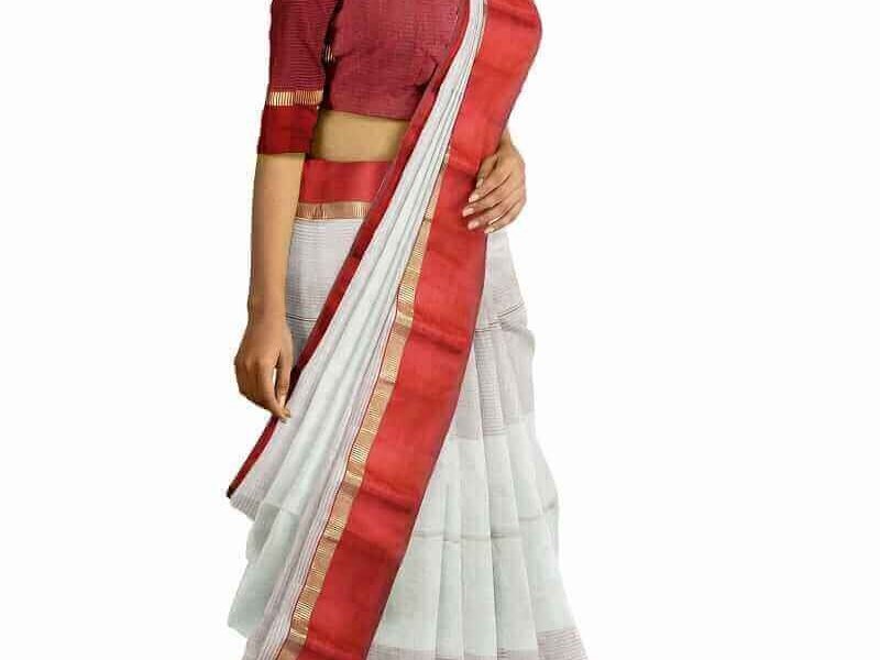 cotton by silk white and red saree
