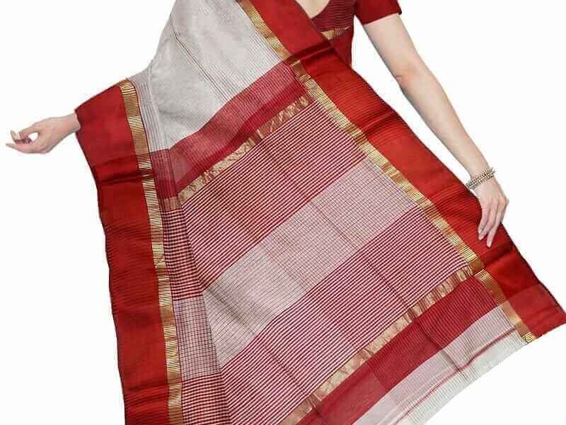 cotton by silk white and red saree